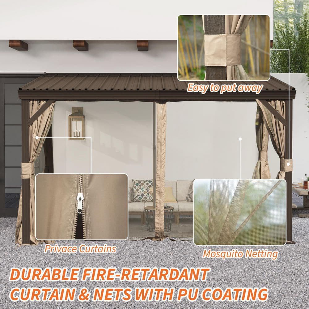 8' x 12' Brown Aluminum Wall-Mounted Patio Gazebo with Curtains