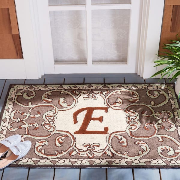 Monogram Mocha 3 ft. x 4 ft. "E" Ornate Floral Indoor/Outdoor Area Rug