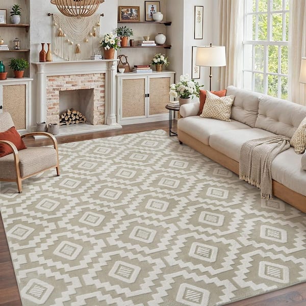 8 ft. x 10 ft. Beige/White Modern Diamond Geometric Washable Microfleece Area Rug