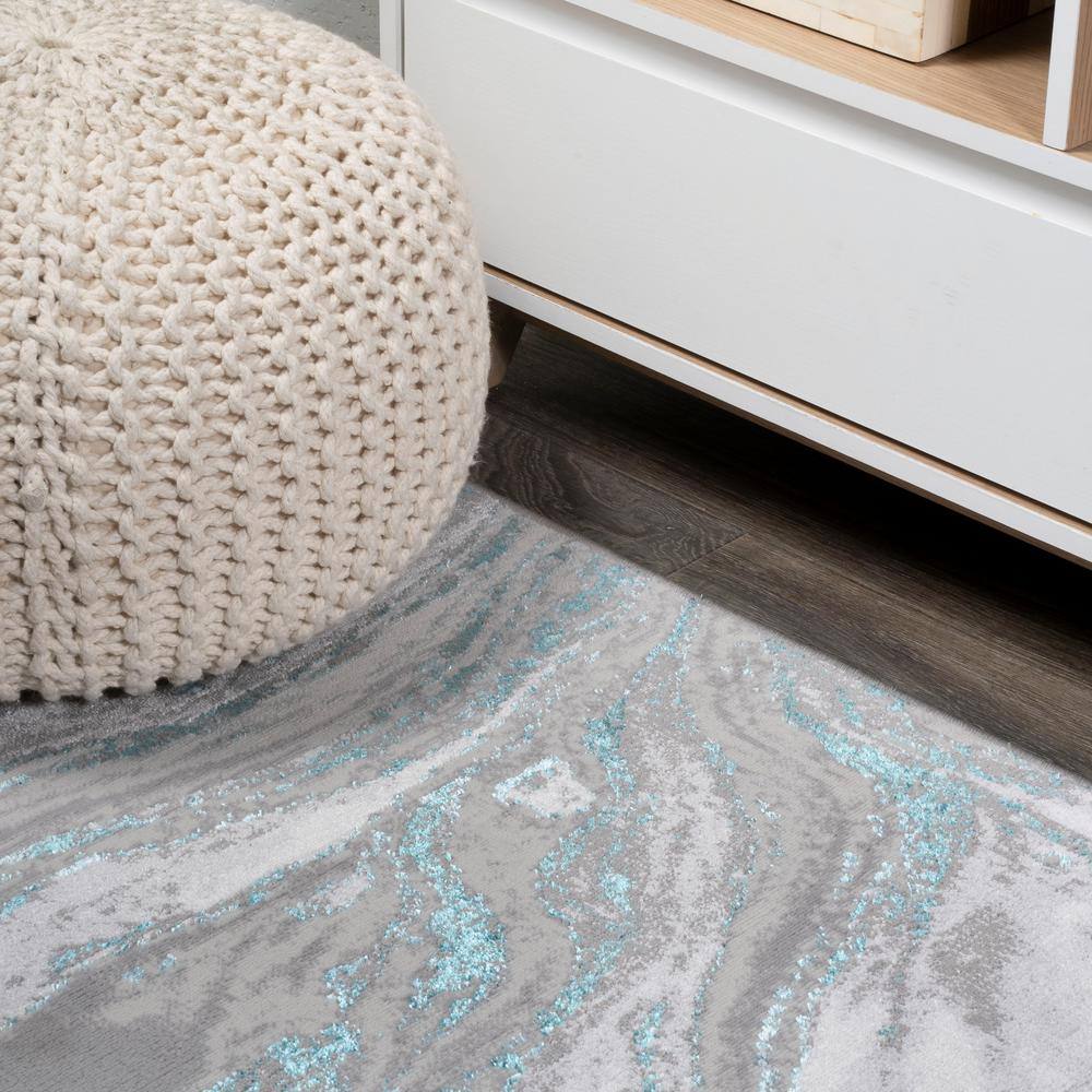 Gray and Turquoise Abstract Washable Synthetic Runner Rug 2' x 10'