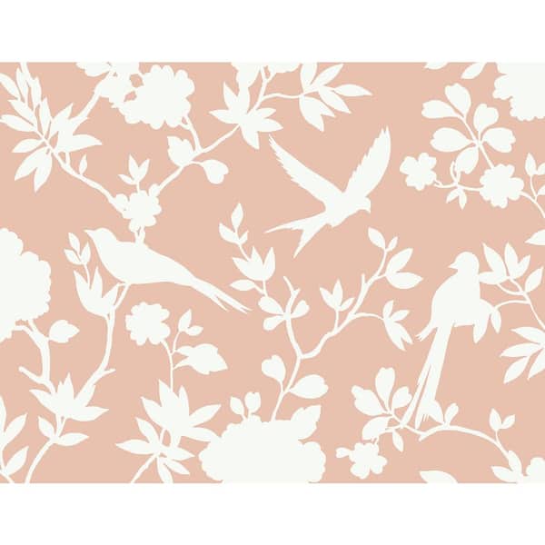60.75 sq. ft. Coastal Haven Peach Petal Kauai Bird Toile Embossed Vinyl Unpasted Wallpaper Roll