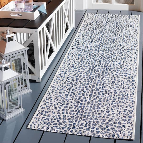 Courtyard Ivory/Navy 2 ft. x 10 ft. Runner Cheetah Geometric Indoor/Outdoor Area Rug