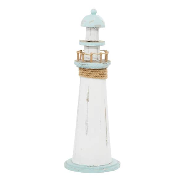 6 in. x 15 in. White Wood Light House Sculpture