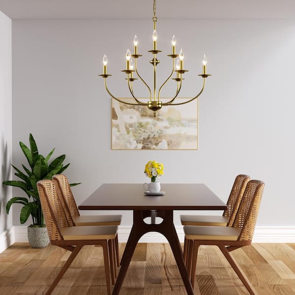 9-Light 31 in. Brass Iron Traditional Candle Dimmable Chandeliers Dining Kitchen Ceiling Lights Foyer Bedroom Lighting