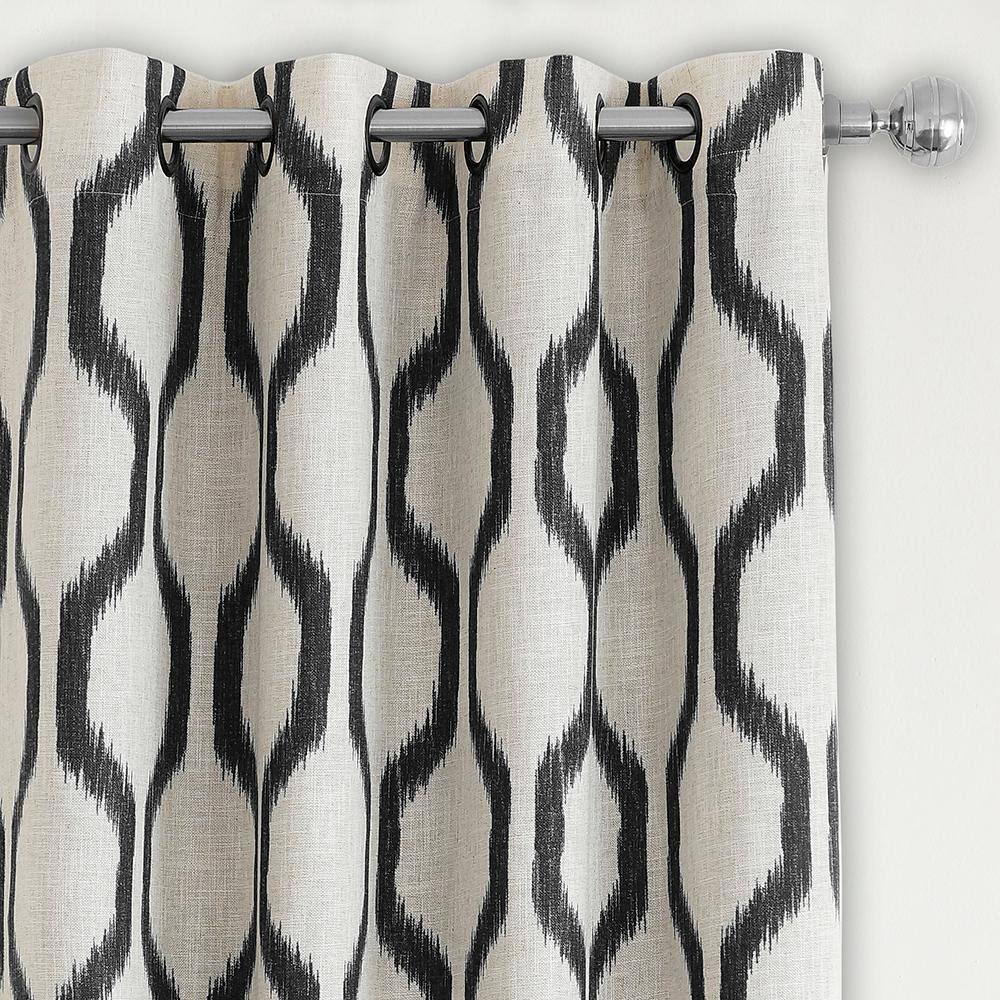 Renzo Black Ikat Geometric Linen Blend Blackout Curtain Panel