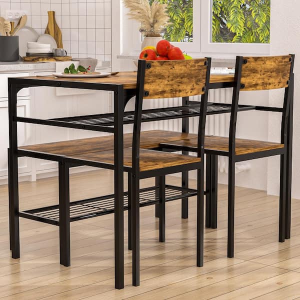 VECELO 43.3 in. Brown Dining Table Set for 4 w Bench 2 Chairs Modern Rectangular Metal Frame Kitchen Table for Small Spaces