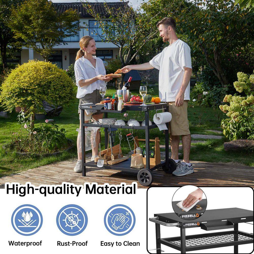 Black Steel Three-Shelf Outdoor Grill Cart with Wheels