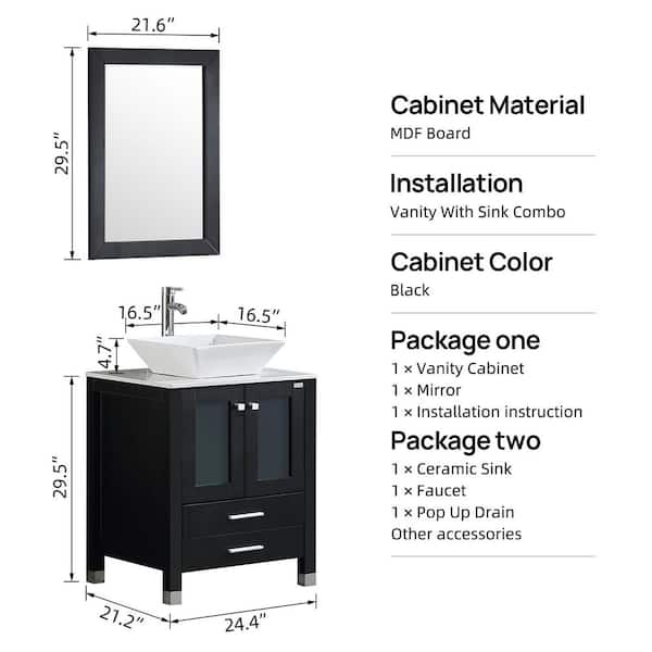 Wonline 24.5 in. W x 21.7 in. D x 61 in. H Single Sinks Bath Vanity in Black with Glass Top and Mirror