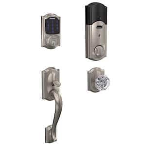 Camelot Connect Z-Wave Plus Smart Deadbolt in Satin Nickel with Alarm and Custom Alexandria Glass Knob Handleset