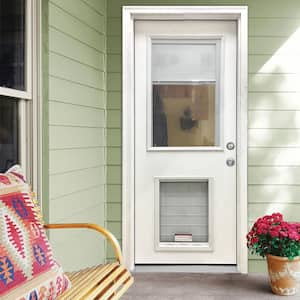 32 in. x 80 in. Reliant Series Clear Mini-Blind LHIS White Primed Fiberglass Prehung Front Door with XL Pet Door