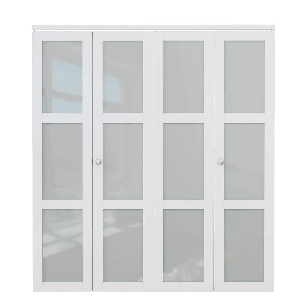 72 in. x 80 in. White MDF Bi-Fold Door with Frosted Glass Panels