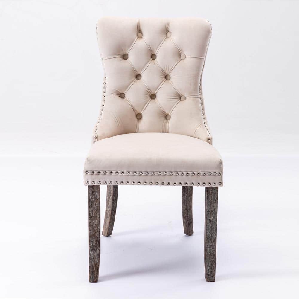 Beige Velvet Upholstered High Back Side Chairs with Wood Legs