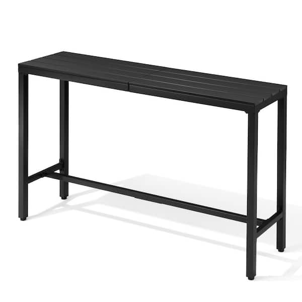 63 in. Rectangle Metal Outdoor Bar Table Plastic Wood Tabletop Patio Dining Table in Black