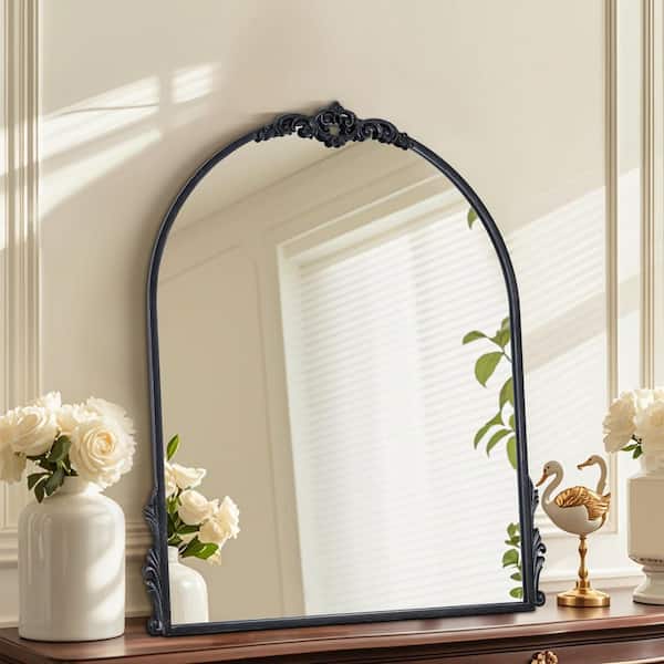 30 in. W x 36 in. H Intricately Carved Vintage Black Arched Framed Wall Bathroom Vanity Mirror