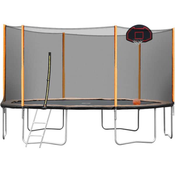 DIRECT WICKER Viraha 14 ft. Outdoor Garden Powder-Coated Trampoline with Basketball Hoop, Ladder and Enclosure