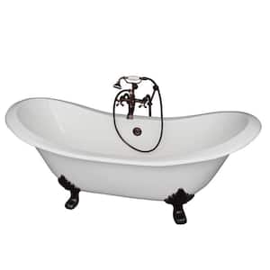 5.9 ft. Cast Iron Lion Paw Feet Double Slipper Tub in White with Oil Rubbed Bronze Accessories