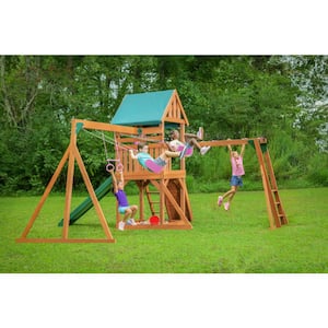 Mountain View Playset with Tarp Roof, Monkey Bars, Sandbox, Pink Swing Set Accessories and Green Slide
