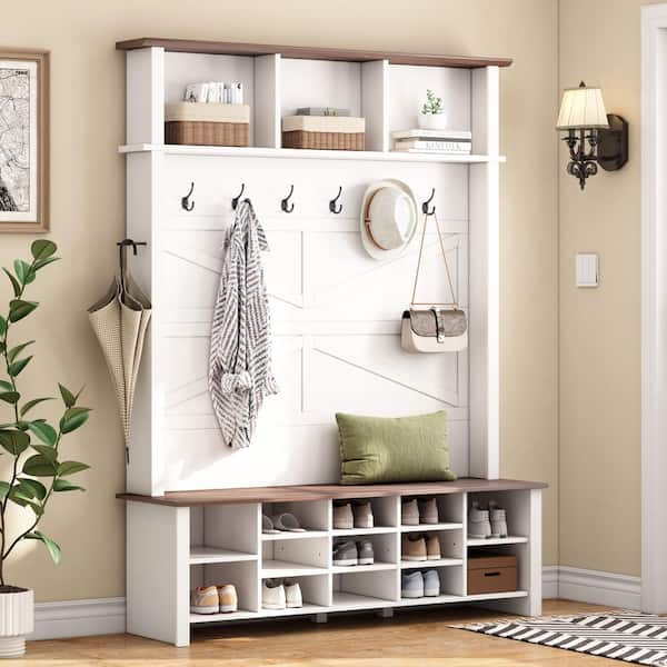 Hallway White Hall Tree with 6 Hooks, Ample Open Compartments, Coat Racks, Shoe Cubbies Storage