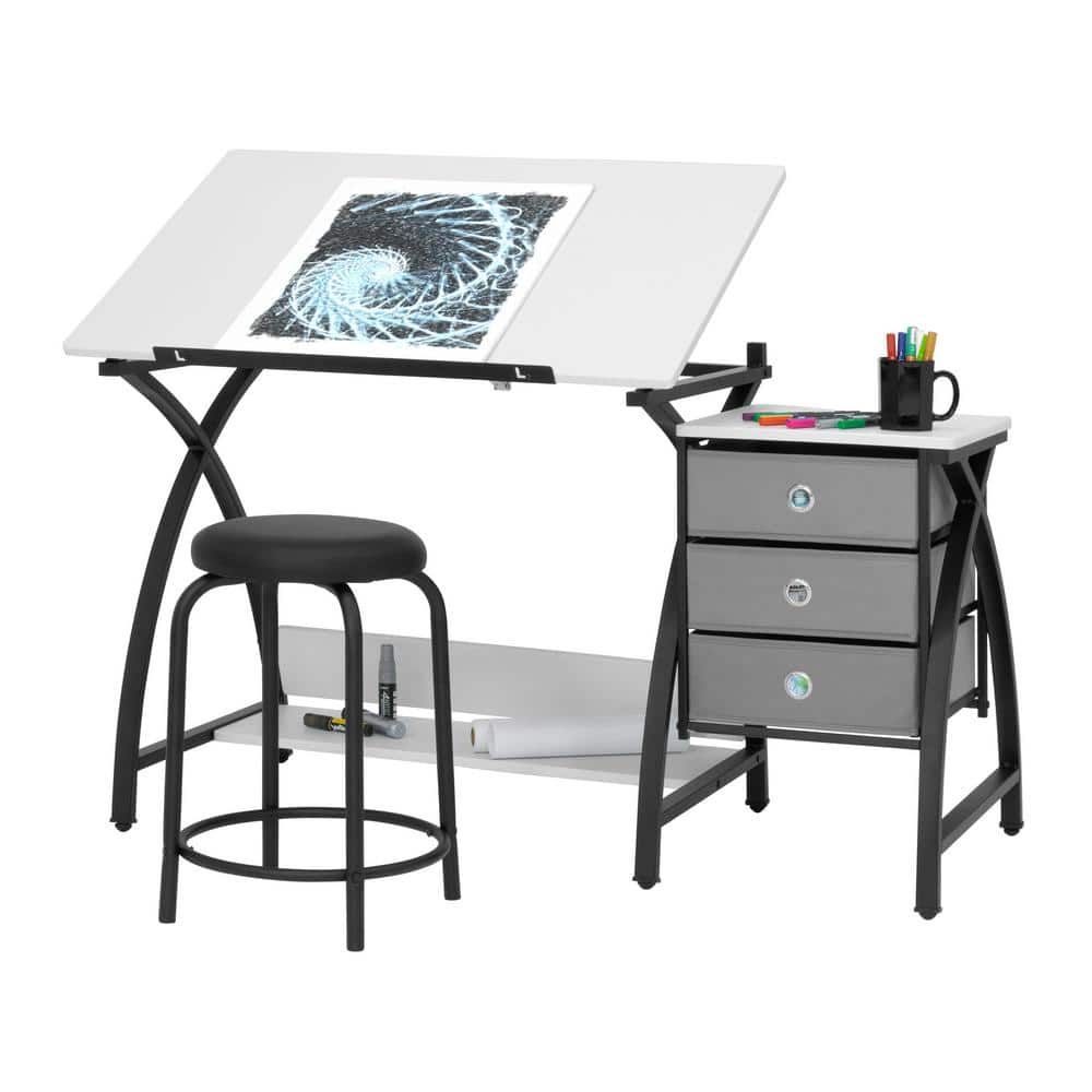 40'' Black & White Adjustable Craft Table with Storage & Padded Stool