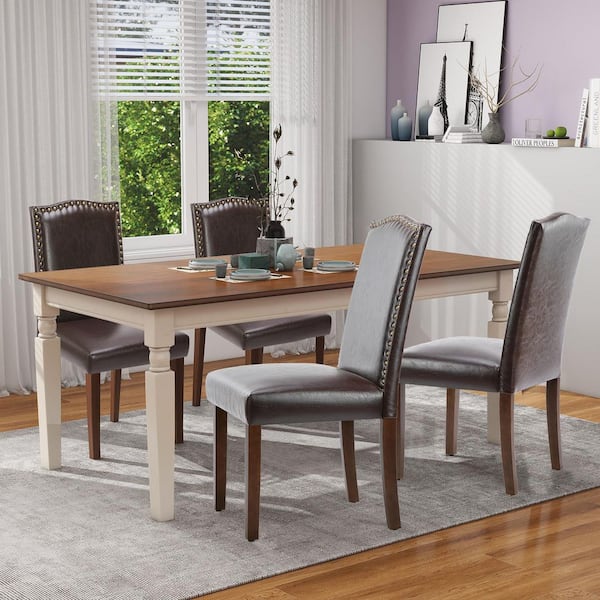 WONDER COMFORT Dark Brown Leather Upholstered Dining Chairs Set of 4 with Nailhead Trim and Wood Legs for Living Room, Kitchen