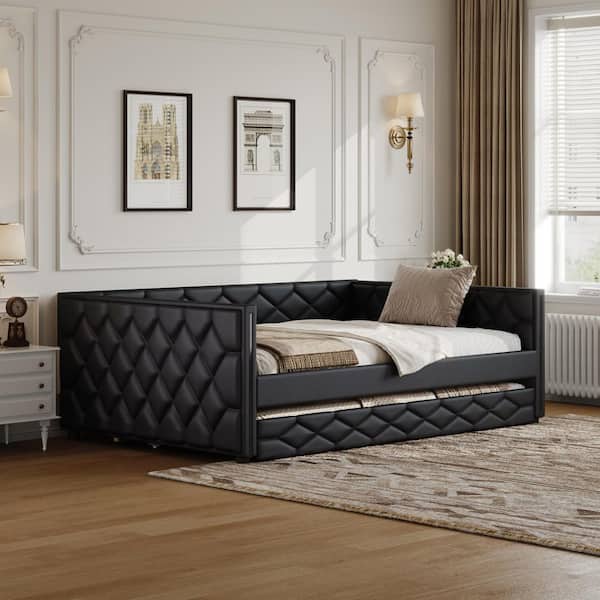 Ken Black Full XL Size Faux Leather Upholstered Daybed with Trundle, LED