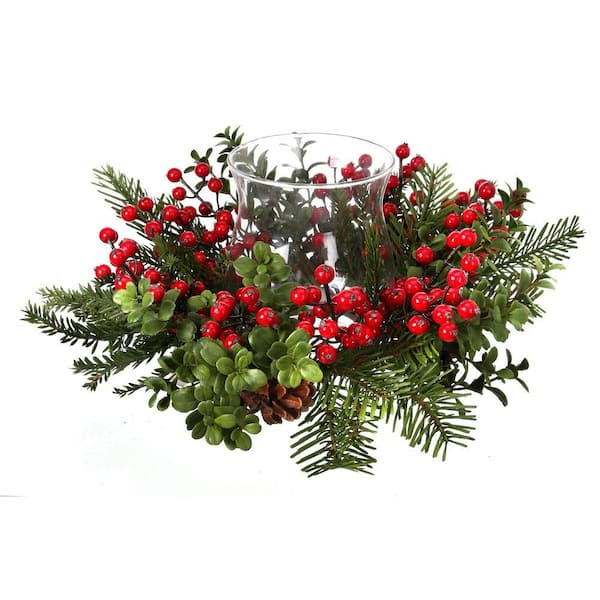 14 in. Green Artificial Waterproof Berry Boxwood Fir Glass Candle Holder