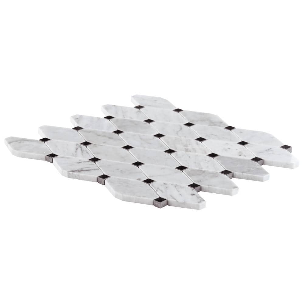 White Carrera Marble Octagon and Dot Mosaic Tile