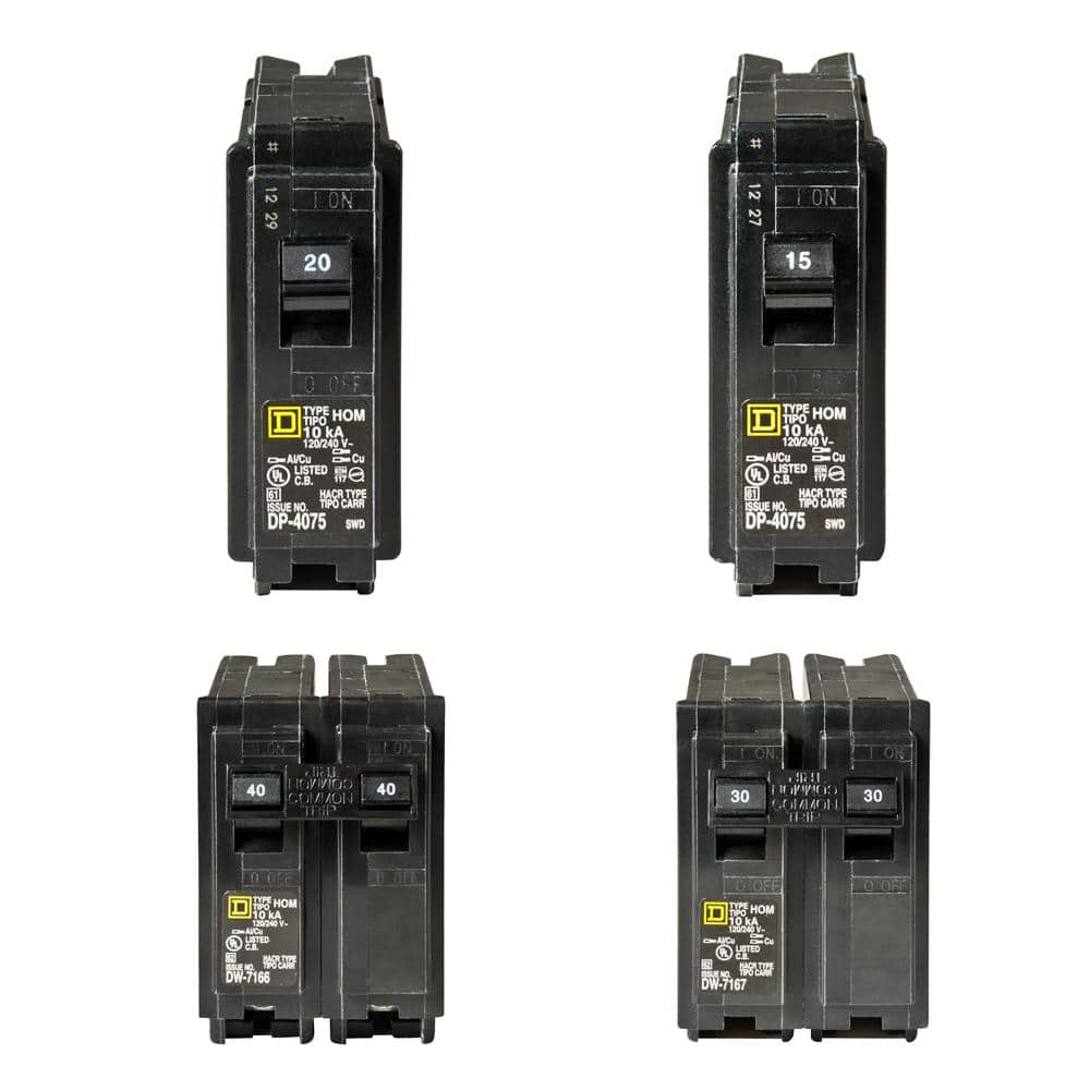 Square D Homeline 1-20 and 1-15 Amp Single-Pole, 1-40 and 1-30 Amp 2-Pole  Circuit Breakers (4-pack) HOM115120230240 - The Home Depot