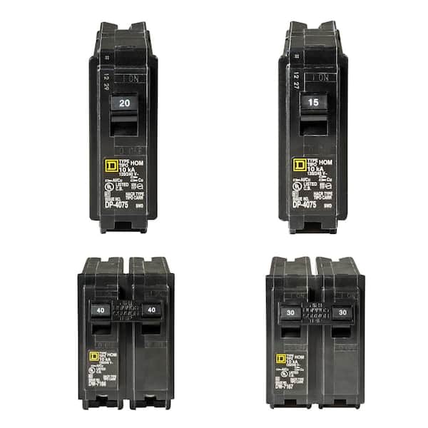 Square D Homeline 1-20 and 1-15 Amp Single-Pole, 1-40 and 1-30 Amp 2-Pole Circuit Breakers (4-pack)