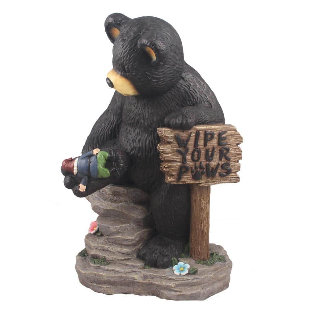 Black Polyresin Bear Holding Sign and Gnome Statue