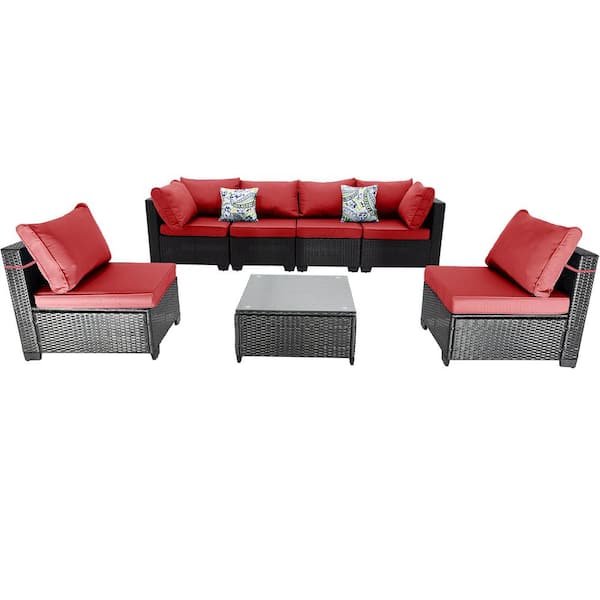 Unbranded 7-Piece Deep Coffee Wicker Outdoor Sectional, Rattan Outdoor Patio Set with Red Cushions, Pillows and Coffe Table