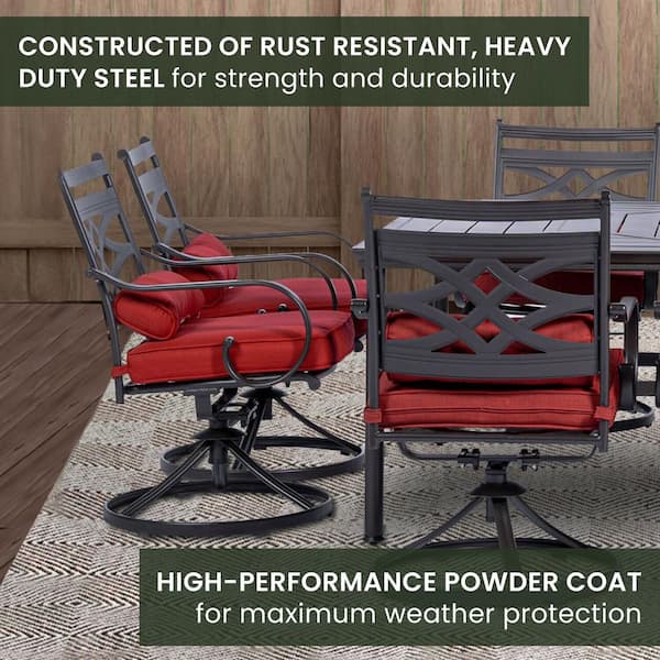 Montclair 11-Piece Steel Outdoor Dining Set with Chili Red Cushions, 10 Swivel Rockers, 60x84 in. Table and Umbrella