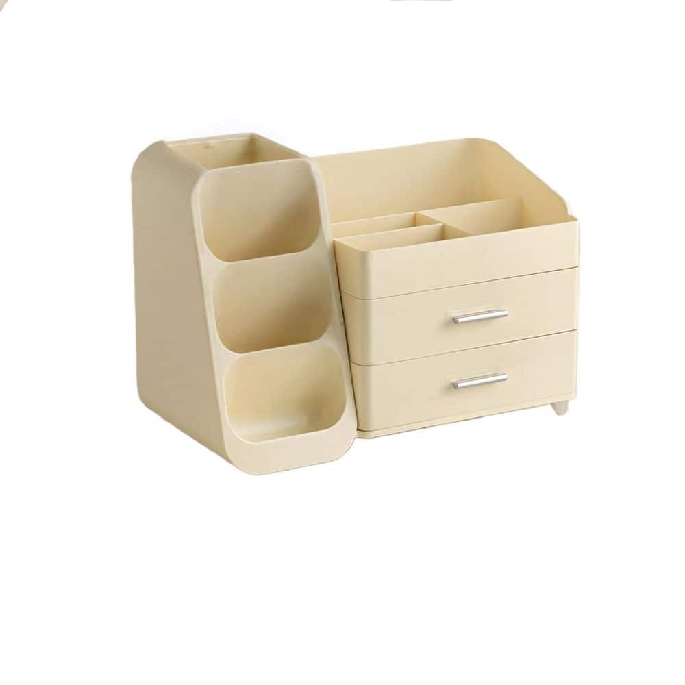 Multi-Compartment Countertop Vanity Organizer with Brush Holder in All Beige for Vanity and Bathroom Skin Care Storage