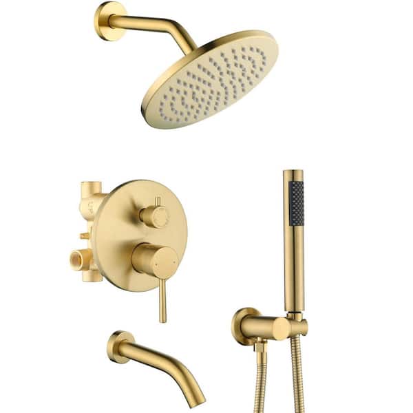 8 in. Rain Shower Head System with Tub Spout, Handheld Spray and Valve Included, Brushed Gold Trim Kit