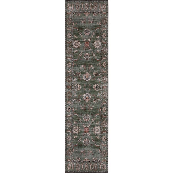 Arabella Vintage Floral Border Machine-Washable Green/Brown 2 ft. x 8 ft. Runner Rug