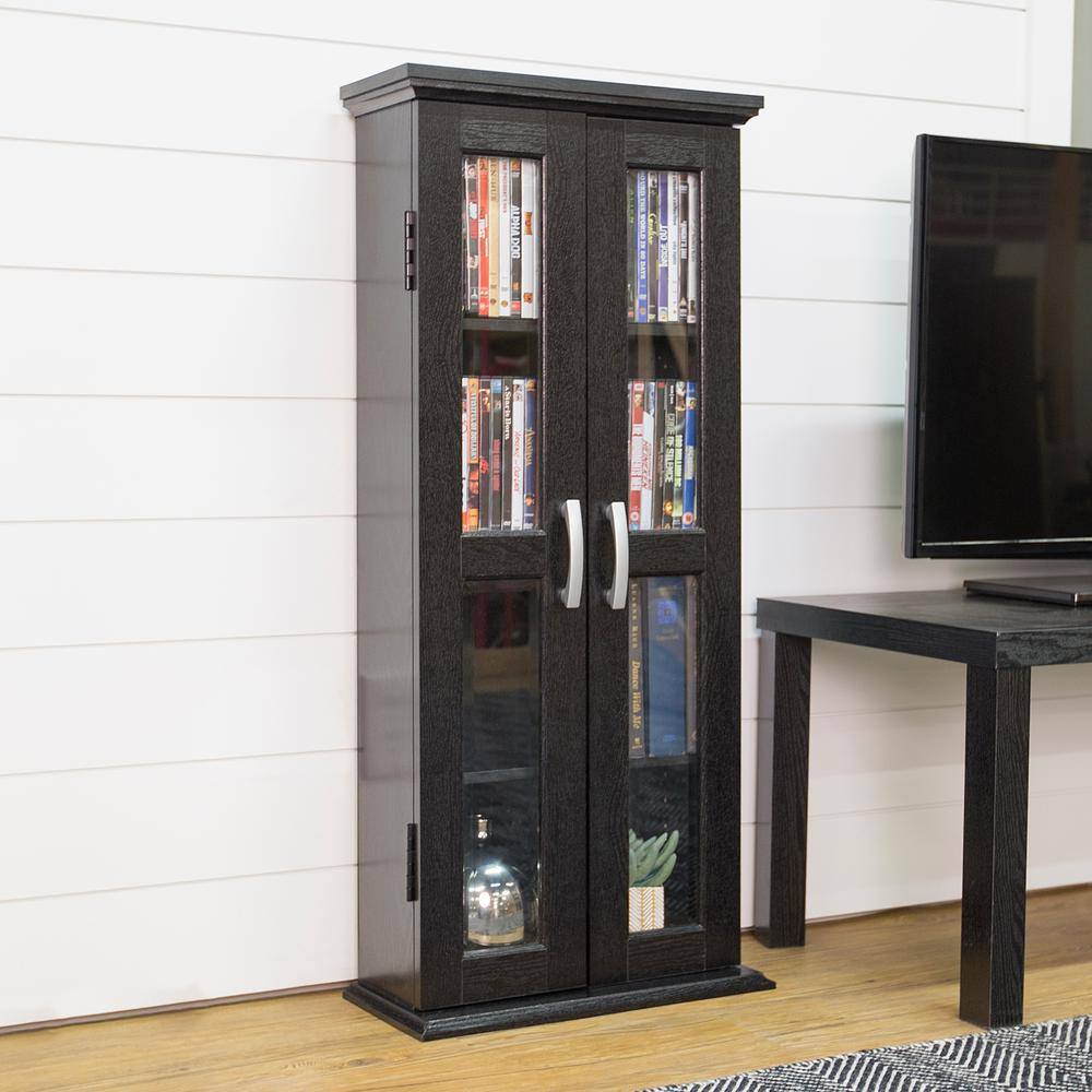 Modern Black Wood Media Storage Cabinet with Glass Doors Walker Edison 41" 