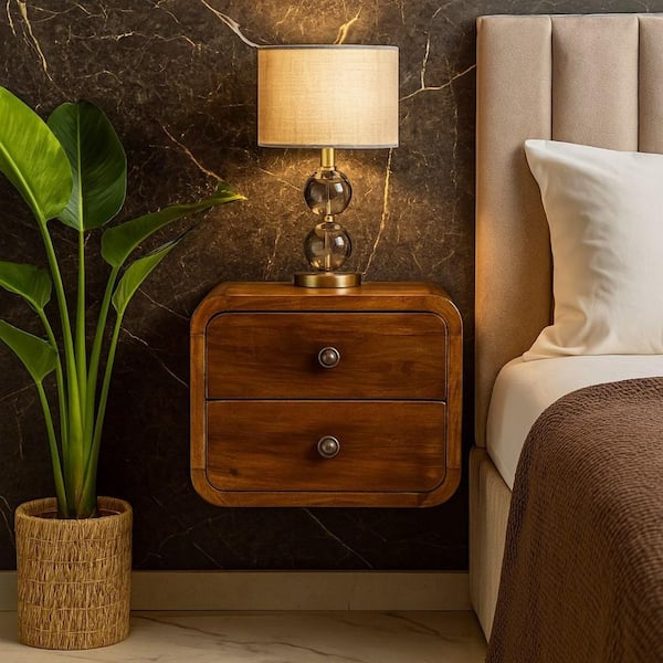 Anat Brown 2-Drawer Solid Wood Floating Open Nightstand