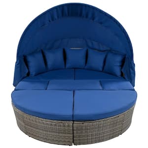 Wicker Outdoor Day Bed with Retractable Canopy, Gray Wicker Round Sun Bed, Sectional Sofa Set, Blue Cushions