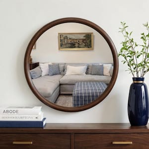 24 in. W x 24 in. H Modern Round Natural Solid Wood Dark Walnut Finish Framed Wall Mirror