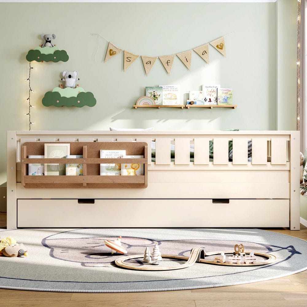 Beige Full Size Kids Bed with Built-in Bookshelves and Small Staircase