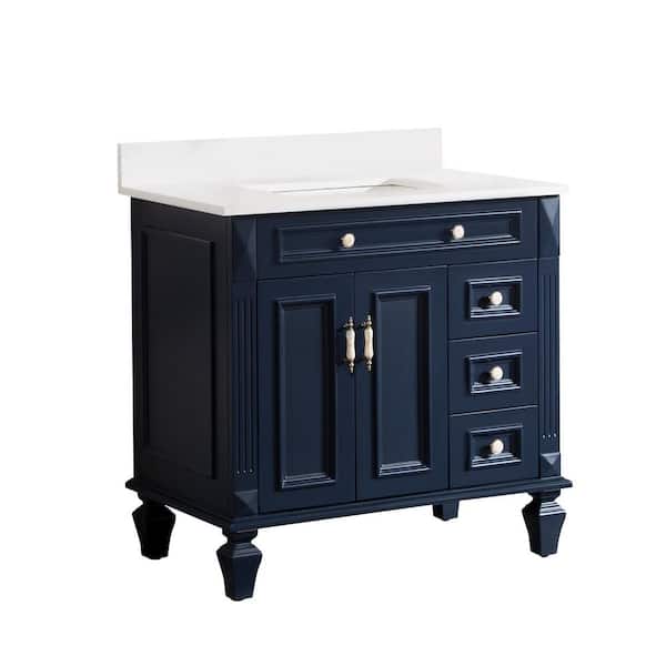 36 in. Single Sink Freestanding Solid Wood Bath Vanity in Navy Blue with White Quartz Top, Soft-Close, Full assembled
