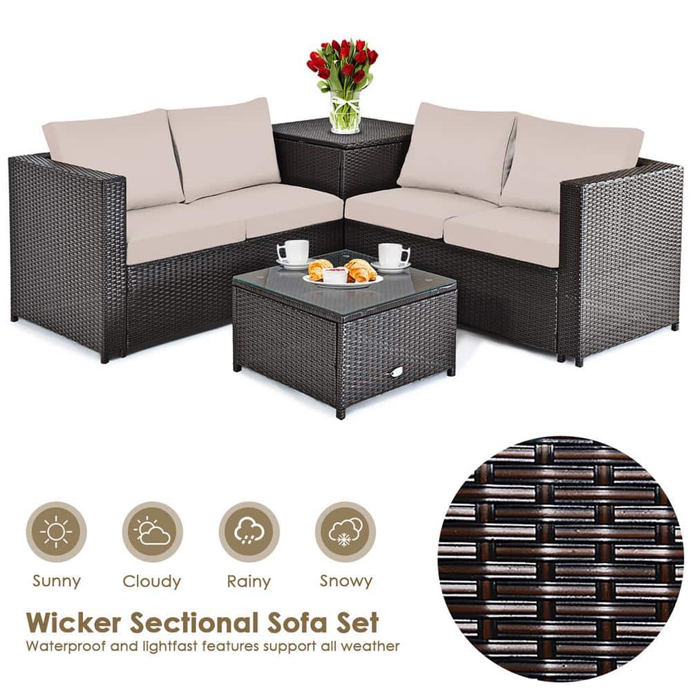 Brown 4-Piece Rattan Wicker Outdoor Patio Set with Cushions