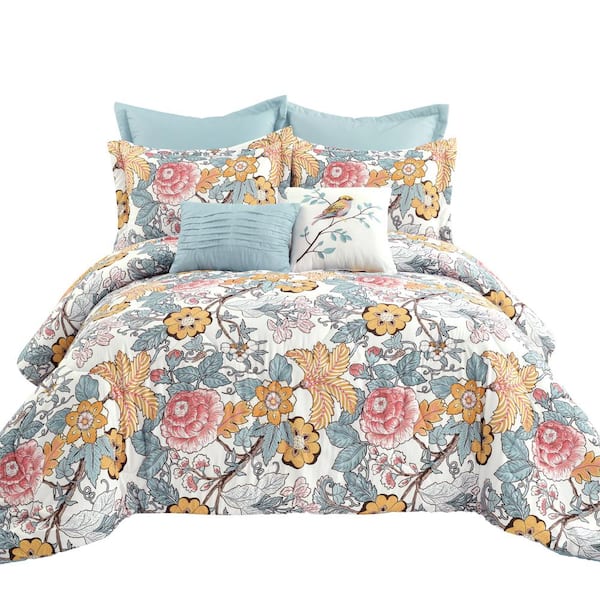 Lush Decor Floral Watercolor 7-Piece Comforter Set, Blue, King