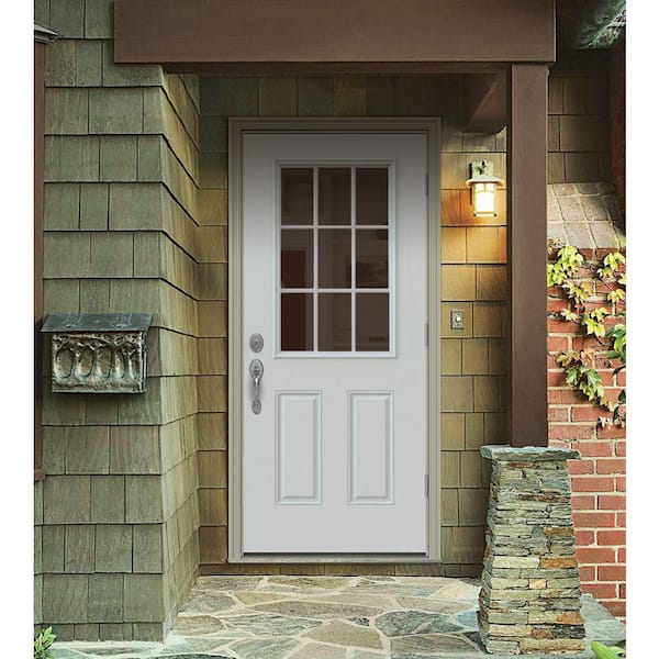 34 in. x 80 in. 9 Lite White Painted Steel Prehung Left-Hand Outswing Entry Door w/Brickmould