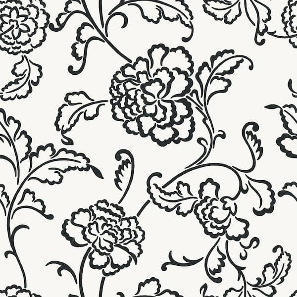 The Wallpaper Company 56 sq. ft. White and Black Large Scale Dramatic Floral Outline Wallpaper