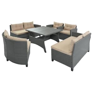 6-Piece Gray Wicker Outdoor Sofa Set with Beige Cushions