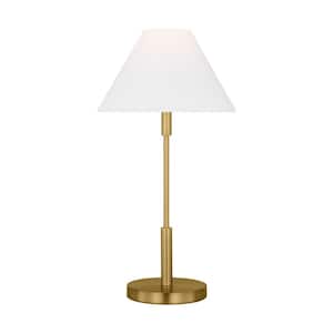 Porteau 23 in. Satin Brass Medium Table Lamp with White Linen Fabric Shade