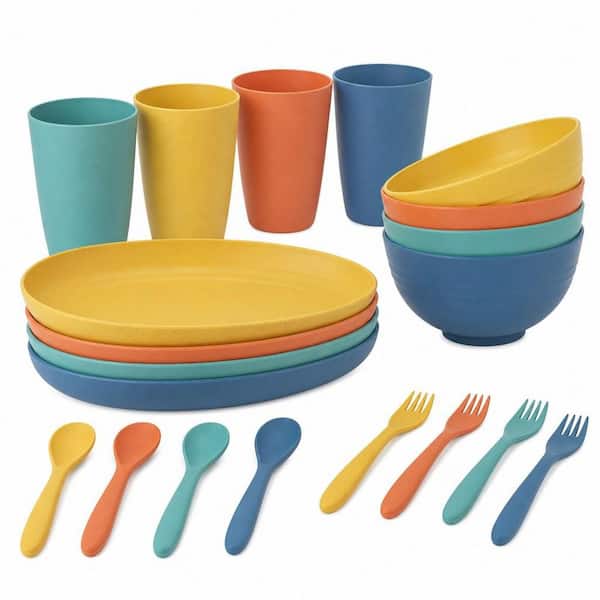 20-Piece Unbreakable Wheat Straw Plates and Bowls Set for Camping, Party, Picnic, Multicolor (Service for 4)