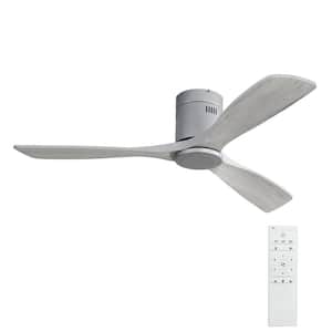 52 in. Smart Low Profile Ceiling Wall Fan in Silver with Remote and 3 Carved Wood Fan Blade