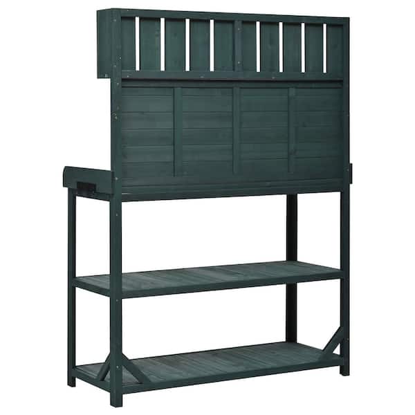 65 in. H x 46.9 in. W x 19.3 in. D Forest Green Wooden Garden Potting Bench Table with 4-Storage Shelves and Side Hook